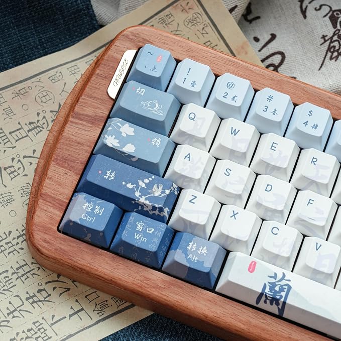 Blue White keycap 130 Key Dye Sublimation PBT keycaps Chinese Calligraphy Keycap Keycaps Cherry Profile Creamy Custom Keycap Set for 60%/65%/75%/TKL/96%/100% US Layout Mechanical Keyboard