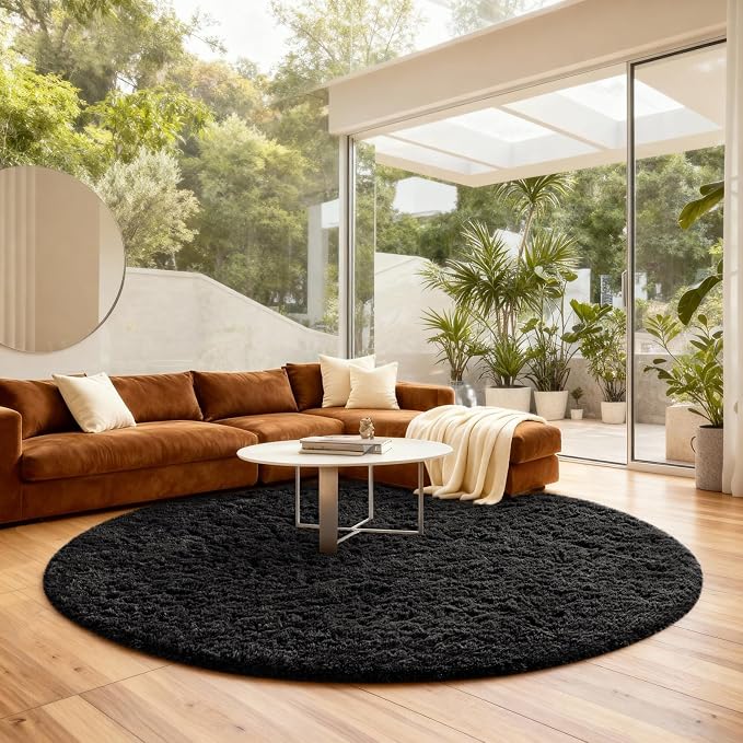 Ophanie Round Rug 8Ft Black Circle Area Rug, Room Decor for Men, Fluffy Fuzzy Bedroom Carpet, Plush Soft Shaggy Living Room Rugs for Kids Home Aesthetic, Nursery with Over 99 pcs Pile fibers