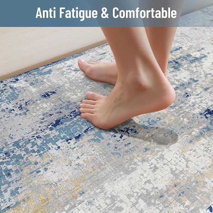 LEEVAN Anti Fatigue Kitchen Mats for Floor, Non-Slip Cushioned Kitchen Rugs | 20"x31", Modern Abstract Blue Thick Memory Foam Kitchen Rugs, Waterproof Ergonomic Standing Mats for Laundry, Office & Sink