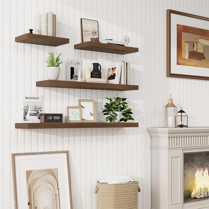 24in Floating Shelves for Wall, 24"W x 9.25"D x 1.25"H, 2 Pack Long Wall Mounted Engineered Wood Shelves with Invisible Brackets for Living Room, Bedroom, Bathroom, Kitchen Decor and Storage, Walnut