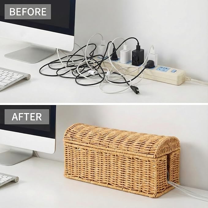 Rattan Cable Management Box, Ventilated Cord Hider with Flip Lid | Hand Woven Craft, Ventilated Heat Dissipation, Easy Access Protective Curved Flip Lid, Boho Woven Decor for Home and Office