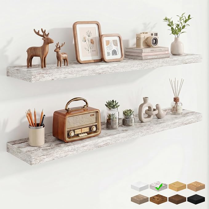 48in Floating Shelves for Wall, 48"W x 9.25"D x 1.25"H, 2 Pack Long Wall Mounted Engineered Wood Shelves with Invisible Brackets for Living Room, Bedroom, Bathroom, Kitchen, Vintage White