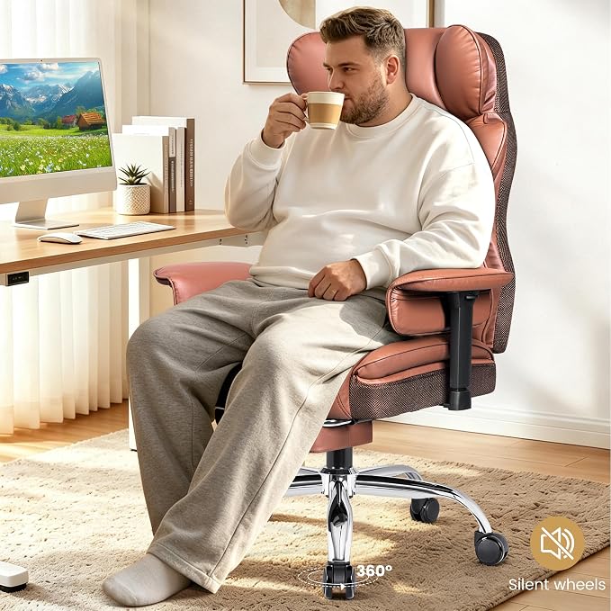 Big & Tall Executive Office Chair, 400 LBS Computer Desk Chair | 23.6" Extra-Wide Seat with Footrest, Ergonomic High Back with Lumbar Support, 3.2" Adjustable Arms, Brown PU Leather, 2 Pack