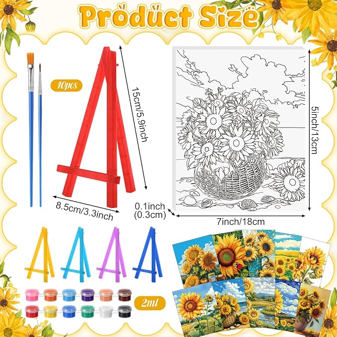 Blosssound 10 Set Pre Printed Canvas Pre Drawn Canvas Painting with Easel Kits 5" x 7" Outline Painting Panels for Beginners, DIY Craft Project, Home Decors(Sunflower)