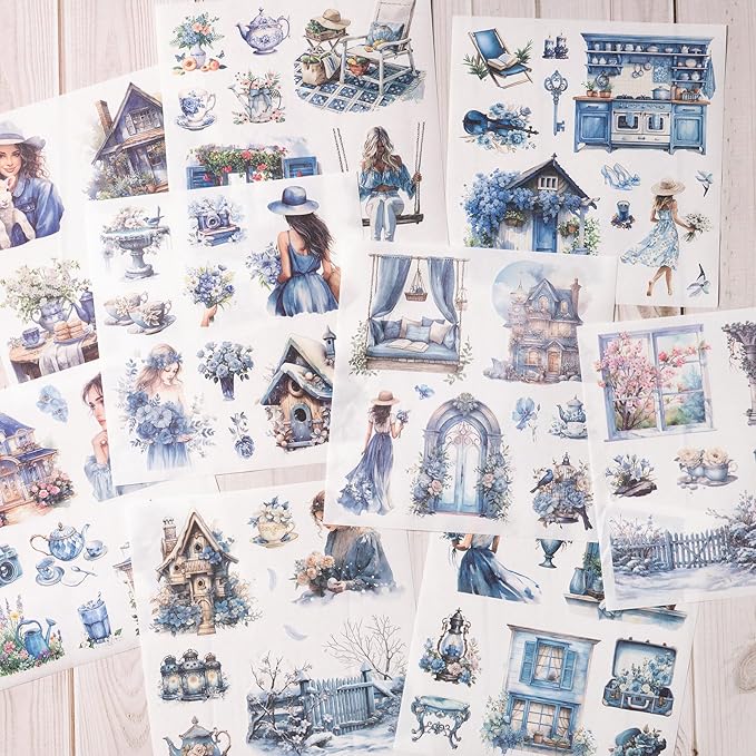 YagCu Garden Junk Journal Stickers, 50 Sheets Washi Journaling Sticker Book, Scrapbook Supplies, Watercolor Scrapbooking for Adults, Blue Decorative Ephemera Arts Craft