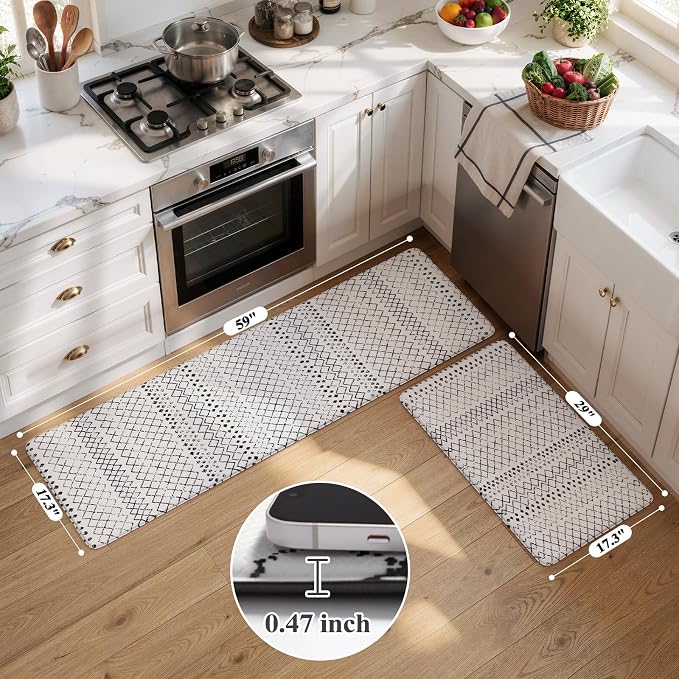 KIMODE Kitchen Mats 2PCS,Anti Fatigue Geometric Kitchen Rugs,Non Slip Waterproof Kitchen Mats for Floor,Cushioned Comfort Foam Standing Desk Mat for Home, Office, Sink,Laundry,Black and White