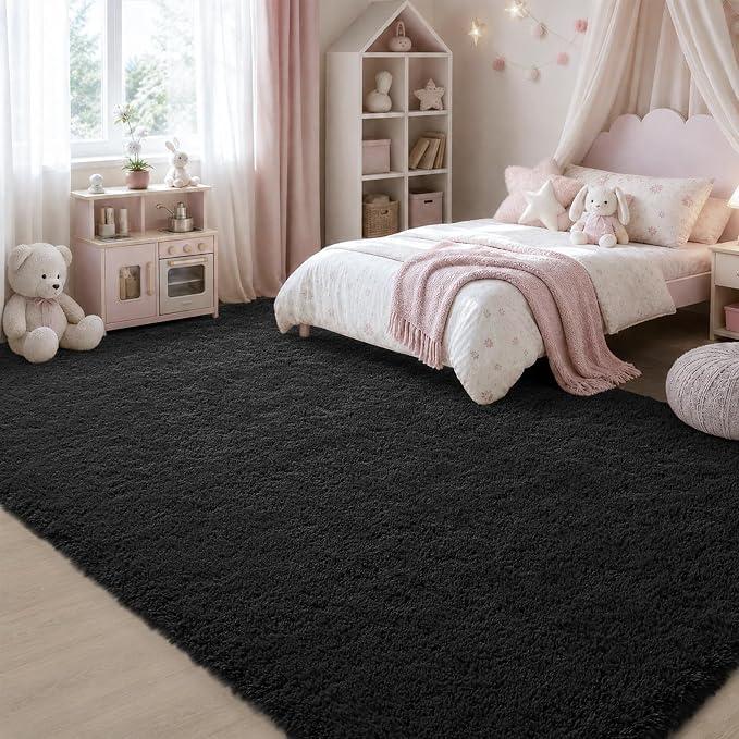 Zentavio 8x10 Black Area Rugs for Living Room Clearance Bedroom Large Men Room Carpet Fluffy Furry Shag Aesthetic Plush High Pile Floor Rug for Nursery Kids Room Dorm Home Decor