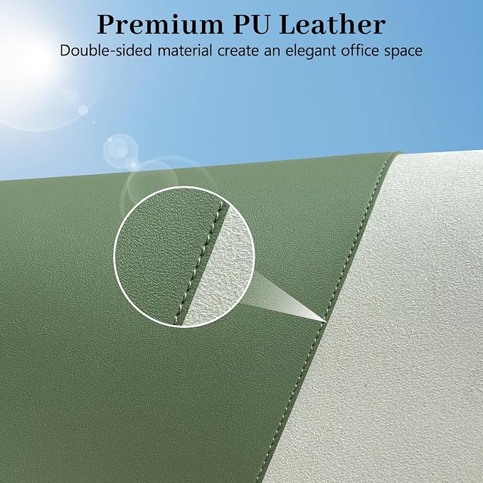 Green Leather Desk Pad Large Mouse Pad, 35.4"x17" | Waterproof Desk Mat for Keyboard and Mouse, Non-Slip Computer Desk Protector, Smooth Mouse Control for Home Office