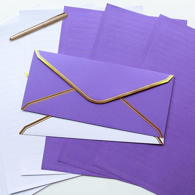 J6&H6 Gold Thread Stationary Paper and Envelopes Set Including 12 Standard Sized Phnom Penh Envelopes and 24 Sheets of Lined Paper Suitable for Daily Emotional Expression Formal Communication(purple)