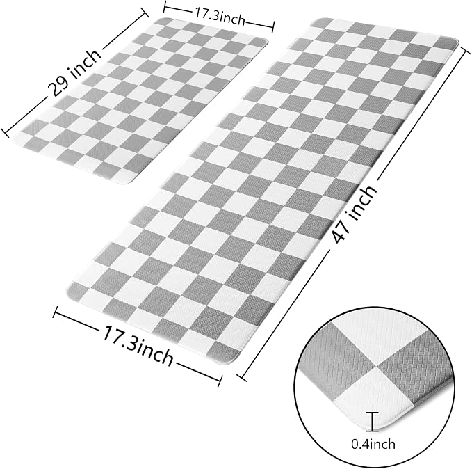 Grey Checkered Grid Checkerboard Kitchen Rug Sets [2 PCs], Anti-Fatigue, Waterproof Non-Slip Kitchen Mats Heavy Duty Ergonomic Comfort Foam Rug for Floor, Home, Laundry,17"x29"+17"x47"