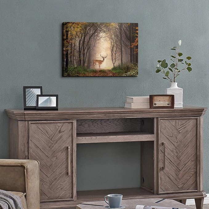 Wild Animal Landscape Canvas Wall Art Deer in Autumn Foggy Forest Picture Wall Decor Elk Wildlife Scenery Photo Prints Painting Decoration for Modern Living Room Bedroom Bathroom Home Art 16x24 Inch