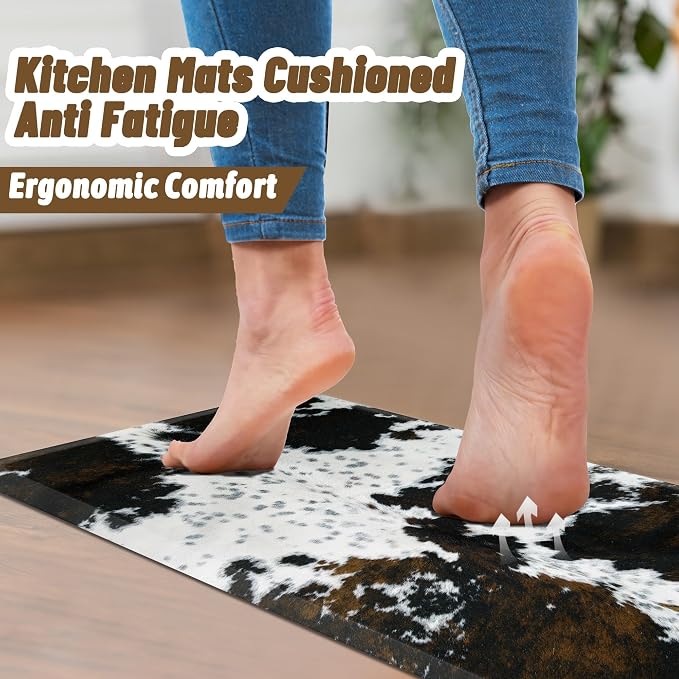 Tyrot Cowhide Kitchen Mat Cushioned Anti Fatigue - 1/2 Inch Thick Western Cow Kitchen Mats for Floor, Non Slip PVC Waterproof Standing Desk Ergonomic Comfort Rugs for Sink, Office, Laundry, 17.3x60