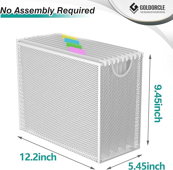 Hanging File Organizer, Letter-Size File Holder Filing Box with 5 Hanging Folders, Metal Mesh Desk File Folder Storage(No Assembly Required) (White, with 5 Grey Folders)