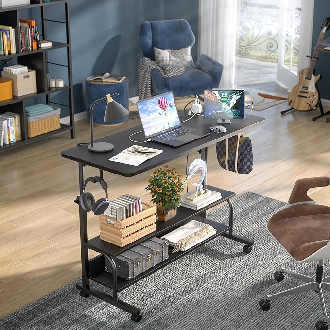 Armocity Rolling Standing Desk with Charging Station, Portable Height Adjustable Mobile Computer Desk with Wheels & 2-Tier Shelves & Hooks, Easy Assembly Laptop Table for Couch Bed, 39" Black