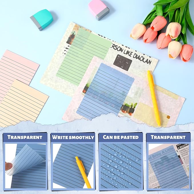 Yinder 6 Pack 180 Sheets Pastel Transparent Sticky Notes Translucent Clear Lined Self Sticky Note, Back to School Gifts for Bible Tabs, Book Tabs, School Supplies, Office, 4 x 6 Inch (Light Color)