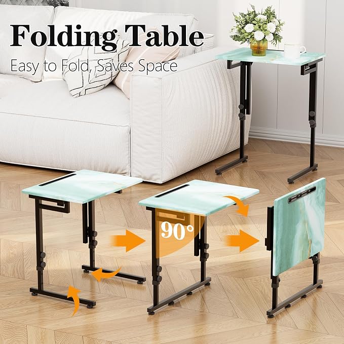 Adjustable Folding TV Tray, C-Shaped FoldableTable, No assembly(Sea Blue) | Heavy-duty steel frame, Height adjustable, Folds flat for storage, For Couch, Small Space, Living room