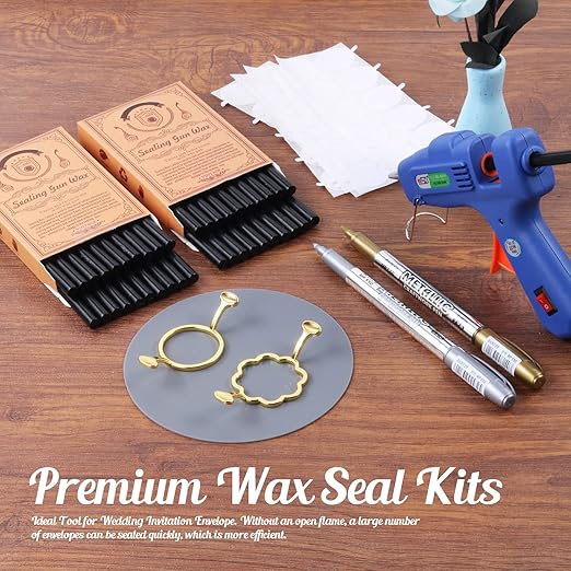 Wax Seal Kit, WASOHLING 40Pcs Black Sealing Wax Sticks with Glue Gun, Wax Seal Molds, Silicone Mat, Marker Pens, Premium Set for Letter Sealing Wedding Invitations Envelopes Cards (Black)