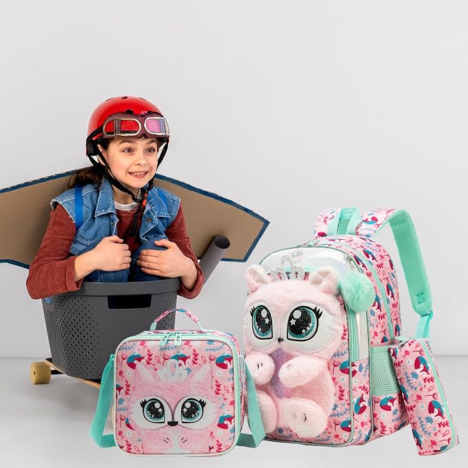 Meetbelify Kids Backpacks for Girls School Backpack with Lunch Bag Pencil Case for Elementary Student 3D Cute Carton Plush Kids Travel School Bag for Girls Ages 6-8 Years Old Pink