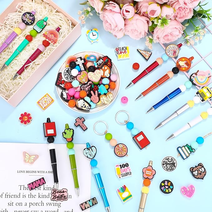 Humyoun 122 Pcs Beadable Pen Kit for DIY Pens Making Back to School Supplies with 12 Beaded Pens 110 Silicone Focal Beads, Black Ink Pen Gift for School Office Students Classroom(Bright Style)