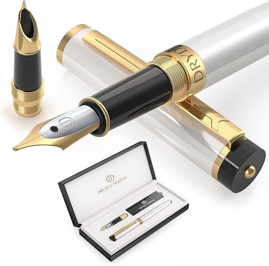 Dryden Designs Fountain Pen - Medium Nib and Fine Nib | Includes Luxury Box, 6 Ink Cartridges - 3 Black 3 Blue and Ink Refill Converter - Pearl White