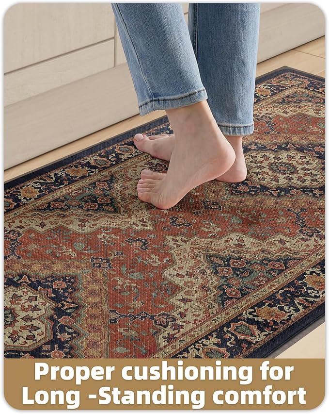 Color&Geometry Kitchen Floor Mat 24x59 Vintage Anti Fatigue, Warm Coral | 0.4in Cushion Standing Mat For Cooking/Working/Laundry, Boho Decor, Non Slip PVC Kitchen Rug, Oil/Water Proof, Anti Slip
