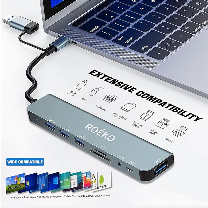 USB Hub,USB C hub multiport Adapter, USB Splitter with 1xUSB 3.0,4xUSB2.0,2 x USB C,USB c hub for MacBook Pro/PC/Laptop/Tablet Devices (Grey 8 in1)