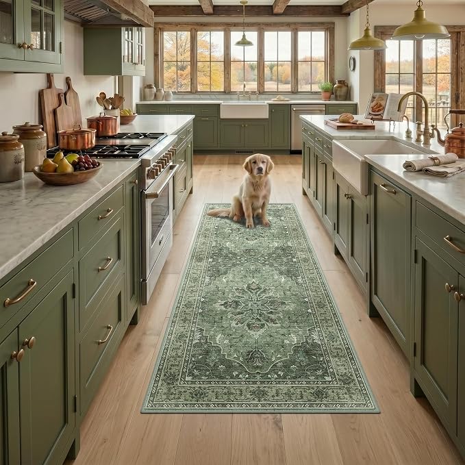 RELEANY Area Rugs Runner 3'x8' Washable Non-Slip, Floral Vintage Distress Medallion Carpet for Kitchen Hallway Bedroom Beside Laundry Room Bathroom, Dark Green Gray