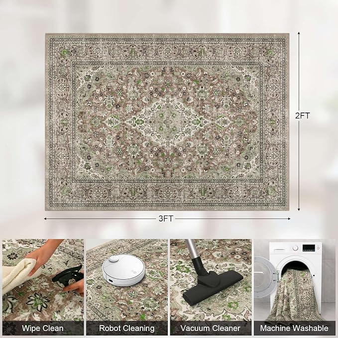 Green Small Washable Area Rug, 2x3 Boho Vintage Entryway Rugs, Soft Non Slip Floral Door Mat, Aesthetic Low Pile Carpet for Front Door Entry Carpets Entrance Bedroom Kitchen