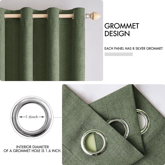 MIULEE 100% Blackout Linen Textured Curtains for Bedroom Solid Thermal Insulated Olive Green Grommet Room Darkening Curtains & Drapes Luxury Decor for Living Room 52 x 120 Inch (2 Panels)
