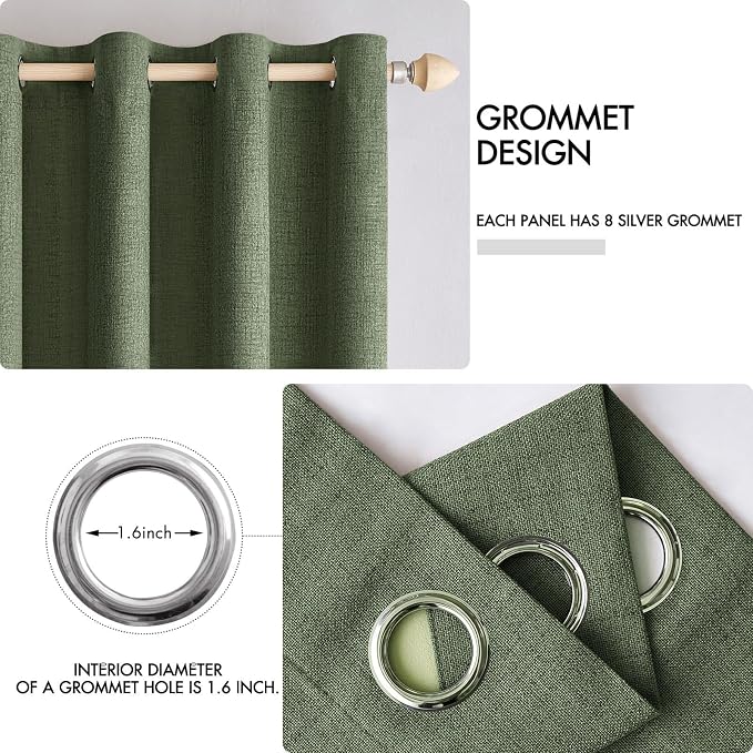 MIULEE 100% Blackout Linen Textured Curtains for Bedroom Solid Thermal Insulated Olive Green Grommet Room Darkening Curtains & Drapes Luxury Decor for Living Room 42 x 63 Inch (2 Panels)
