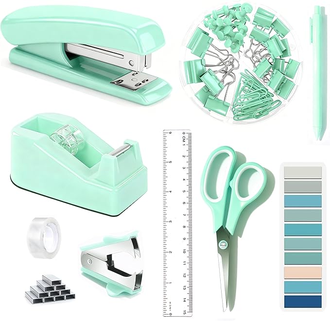Dimonluce Green Office Supplies, Teal Desk Accessories Accessories with Tape Dispenser, Stapler, Staple Remover, 1000 Staples, Tape, Clips Set, Ruler, Scissor, Pen
