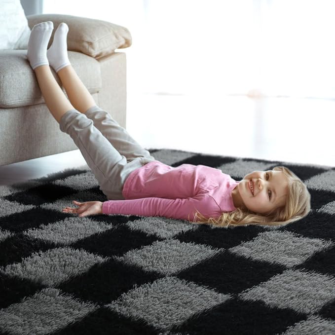 KICMOR Large Rugs for Living Room 7x10 Area Rug, Black and Grey Big Fluffy Shag Shaggy Fuzzy Checkered Bedroom Carpet, Indoor Soft Plush Rug for Kids Boys Girls Dorm Nursery Home Decor Aesthetic