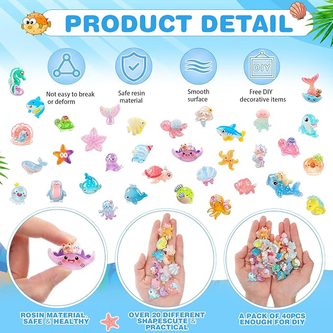 Giegxin 40 Pcs Transparent Resin Charms Sea Animal Shell Mermaid Starfish Turtle Flatback Cabochon Accessories Cute Embellishment Bulk for Jewelry Cellphone Case Scrapbooking Headband DIY Craft Making