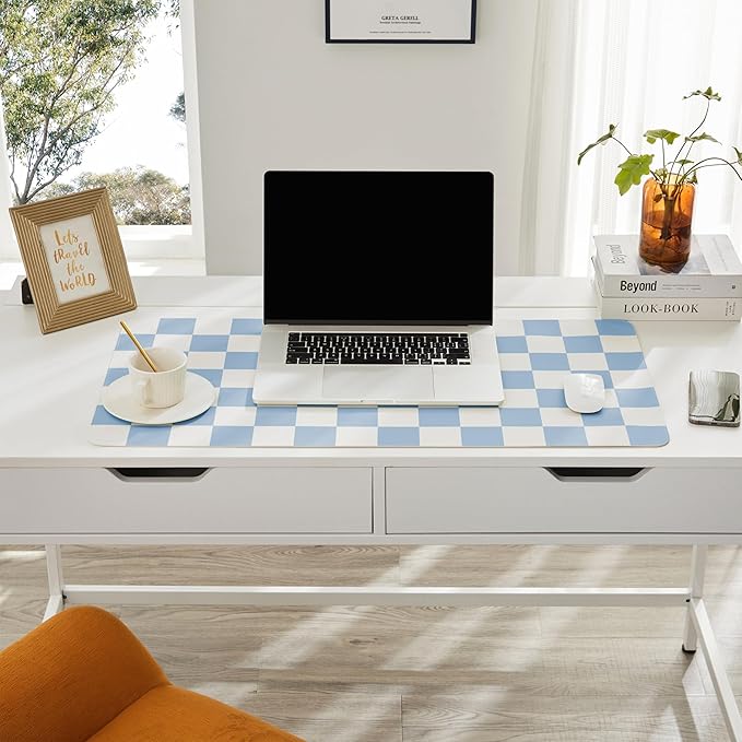 Checkered Desk Mat, Large Cute Aesthetic Retro PU Leather Computer Laptop Desk Mat, Non-Slip Waterproof Mouse Keyboard Pad, Desk Writing Mat for Work/Home (Blue, 23.6" x 13.7")