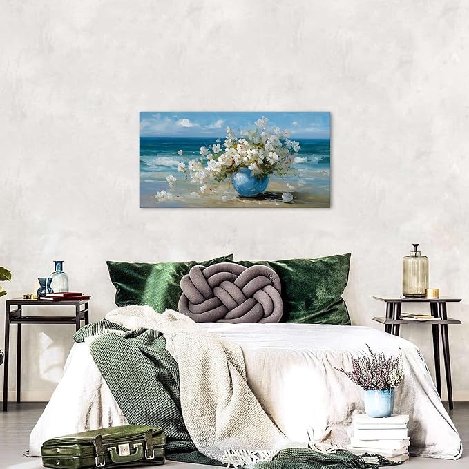 AIYISU Vintage Flowers Canvas Wall Art White Blossom Painting Retro Flowers in Blue Vase Pictures Blue Ocean Coastal Landscape Prints Poster Floral Artwork for Bathroom Bedroom Home Decoration 20x40
