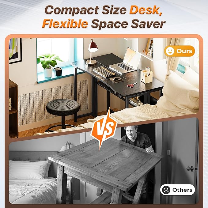 Huuger Folding Desk with Storage Shelf, 39.3 Inch Foldable Computer Table for Small Spaces, Space Saving Sofa Table for Couch, Writing Work Office Computer Desk, Easy to Fold, Black