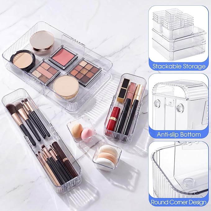 Aneco 20 Pieces Extendable Clear Drawer Organizer Adjustable Vanity Storage Box 4-Size Desk Drawer Divider Acrylic Storage Bins for Makeup, Cosmetic, Jewelries, Bedroom Kitchen Utensils Gadgets