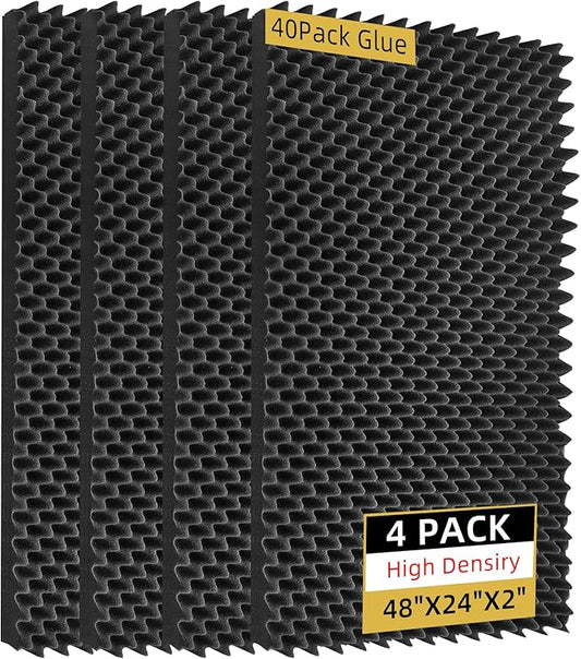 4 Pack Sound Proof Foam Panels |48"×24"×2" Egg Crate Foam Pad | High Density Soundproof Wall Panels for Home Studio Noise & Thermal Insulation |With Adhesive Stickers 40PCS(Black)…
