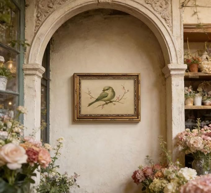 Vintage Gold Framed Wall Art Spring Bird Oil Painting Canvas Print Watercolor Cherry Blossom Picture Wall Decor Rustic Farmhouse Beige Floral Poster Artwork for Nursery Living Room Bedroom