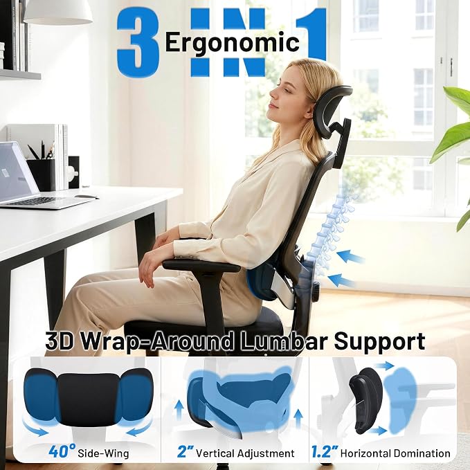 Ergonomic Office Desk Chair, High Back Breathable Mesh Computer Chair, 3D Lumbar Support, 2D Headrest & 3D Armrests, 300lbs Heavy Duty Task Chair for Home Office Work Gaming, Black
