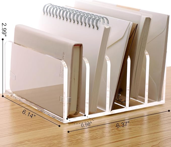 SANRUI 5 Compartments Acrylic Mail Sorter Holder, Clear Document Magazine Envelope File Rack, Vertical Letter Sorter & Multifunction Desk Organizer for Bills, Documents, Notebooks