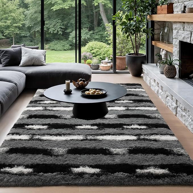 Zentavio Area Rugs for Living Room Large Rugs for Bedroom 5x8 Carpet Fluffy Fuzzy Soft Shag Aesthetic Plush High Pile Throw Rug for Nursery Kids Room Dorm Vertical Stripes Black White