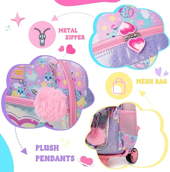 Rolling Backpack for Kids Girls Rolling Backpack for School Roller Backpacks for Girls 8-12 Cute Schoolbag Backpacks with Wheels for Kids with Lunch Box Back to School Supplies