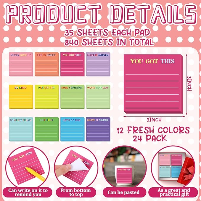 Yinder 24 Pcs Inspirational Sticky Notes Thank You Gift Motivational Sticky Note Pad Employee Appreciation Gift Bulk for Staff Coworker Teacher Nurse Office Groups 3 x 3'' (Motivational,Dark Color)