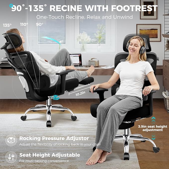Ergonomic Office Chair with Footrest, Big and Tall Home Desk Chair | 3D Adjustable Armrests, 3D Flexible Headrest, Comfortable & High Density Sponge Cushion, 135° Recline, Lumbar Support, Black