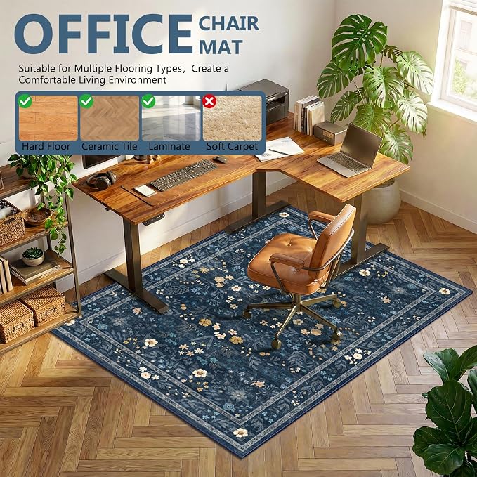 Office Chair Mat for Hardwood Floor & Tile Floor,36"X 48" Heavy Duty Desk Chair Mat for Hard Floors, Under Desk Rug for Rolling Computer Chair,Anti Slip,Low Pile Carpet Floor-Dark Blue Floral Print