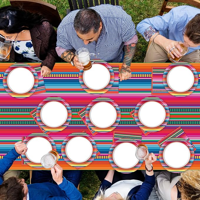 Qyeahkj Mexican Serape Fiesta Party Supplies Serves 24 Mayo Party Paper Plates Napkins Colorful Stripes Mexico Tablecloth Set Tableware Kit for Pinata Taco Ponchos Dance Day of The Dead Favor