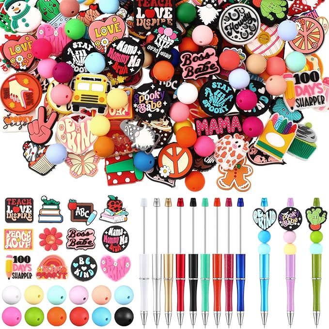 Humyoun 122 Pcs Beadable Pen Kit for DIY Pens Making Back to School Supplies with 12 Beaded Pens 110 Silicone Focal Beads, Black Ink Pen Gift for School Office Students Classroom(Bright Style)