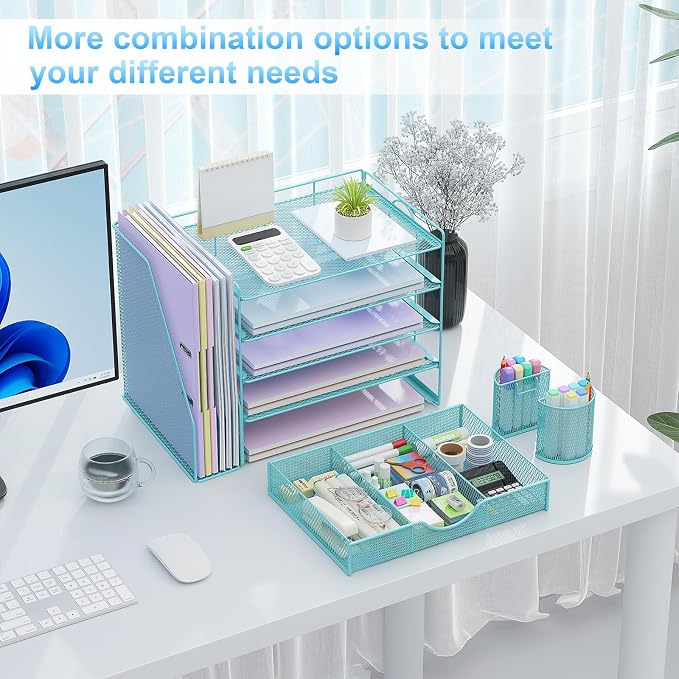 gianotter 5-Tier Desk Organizer with Drawers and File Holders | Letter Trays and Pen Holders - Workspace Accessories for Office Supplies (Blue)