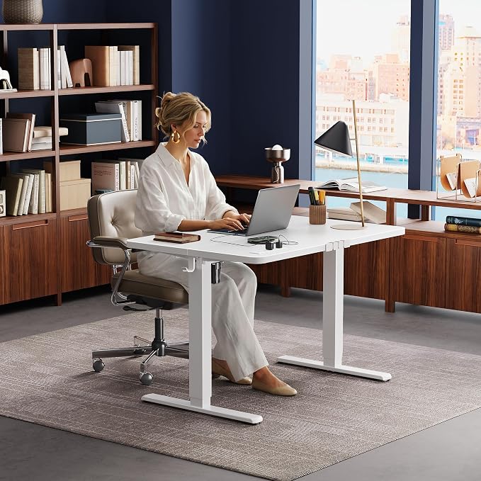 Huuger Electric Standing Desk with Power Outlets and USB-C Port, 39 X 24 Inch Height Adjustable Desk, Sit Stand Desk for Home Office, Computer & Gaming Desk with 4 Presets, Stable Steel Frame, White